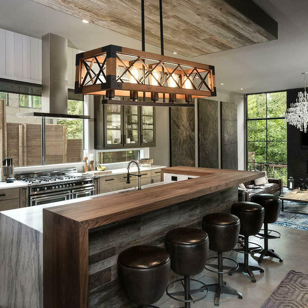 5 Lights Industrial Kitchen Island Light Wood Chandelier Pendant Ceiling Light - Avenila - Interior Lighting, Design & More