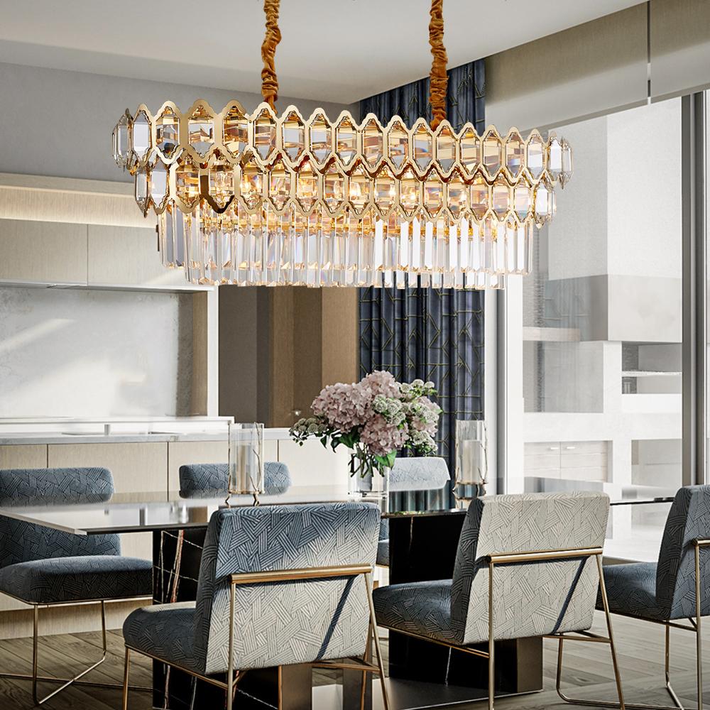 Luxury Modern Chandelier Lighting For Dining Room Rectangle Gold Cryst