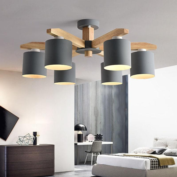 Solid Wood LED Ceiling Chandelier Light E27 With Iron Lampshade - Avenila - Interior Lighting, Design & More