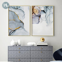 Nordic Morden Abstract Línea azul grisáceo Wall Art Canvas Painting Golden Blue smoke Art Poster Print Wall Picture for Living Room - Avenila - Interior Lighting, Design & More