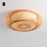 Lámpara de mimbre de bambú tejida a mano Lámpara redonda de mimbre para el techo Lámpara rústica asiática japonesa de plafón en la sala de estar de la habitación