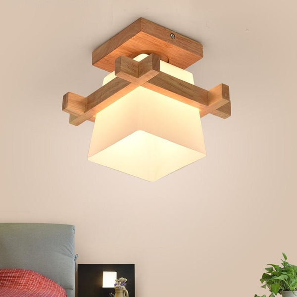 Tatami Lámpara de techo japonesa para iluminación del hogar Pantalla de vidrio E27 Lámpara de techo LED Base de madera Pasillos Lámparas de porche - Avenila - Iluminación interior, diseño y más