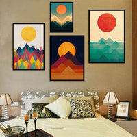 Toile abstraite dorée et rouge, décor et soleil levant avec montagne non encadrée - Avenila - Éclairage intérieur, design et plus
