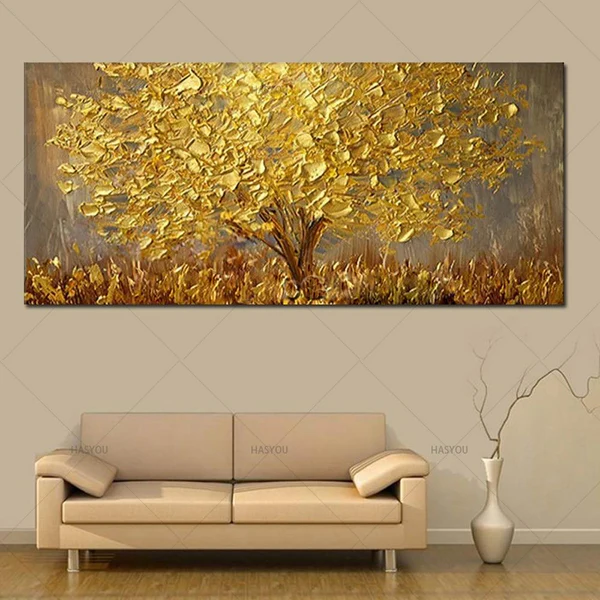 Hand Painted Gold Tree Oil Painting On Canvas Large Palette 3D Paintin