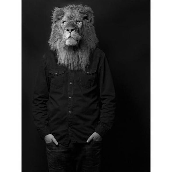 Black and White Classy Lion in Dress Shirt | Wall Art Posters And Prints Animal Wearing a Hat Canvas Painting - Avenila - Interior Lighting, Design & More