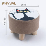 Modern Luxury Upholstered Footstool Nordic Round Pouffe Stool Wooden Leg Pattern Round Fabric 4 Legs - Avenila - Interior Lighting, Design & More
